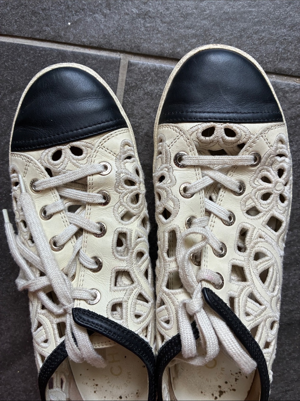 Rare CHANEL Cream Lace Cutout Sneakers with Black Toe Cap